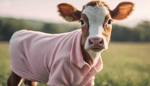 A cute baby cow wearing a pastel color-blocked polo shirt