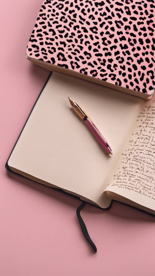 Eine Draufsicht auf ein Notizbuch mit einem rosa Einband im Leopardenmuster.