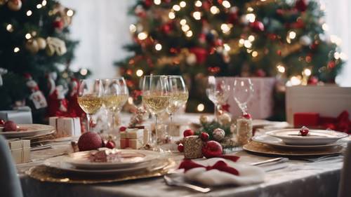 Fiesta navideña clásica con un árbol bellamente decorado, mesa llena de platos festivos e intercambio de regalos.