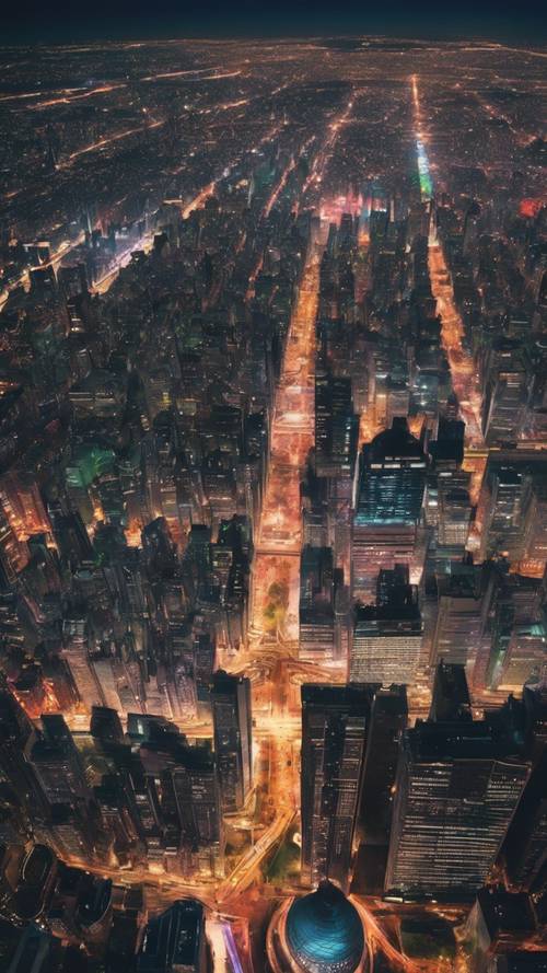 Eine Luftaufnahme einer Stadt bei Nacht, die vollständig beleuchtet ist und in einer Vielzahl von Farben erstrahlt.