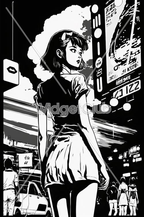 東京の街を背景にモノクロで描かれた女の子の壁紙