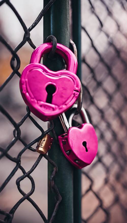 Một ổ khóa hình trái tim màu hồng đậm gắn vào hàng rào kim loại. Hình nền [2adf7855dae84f5abd90]