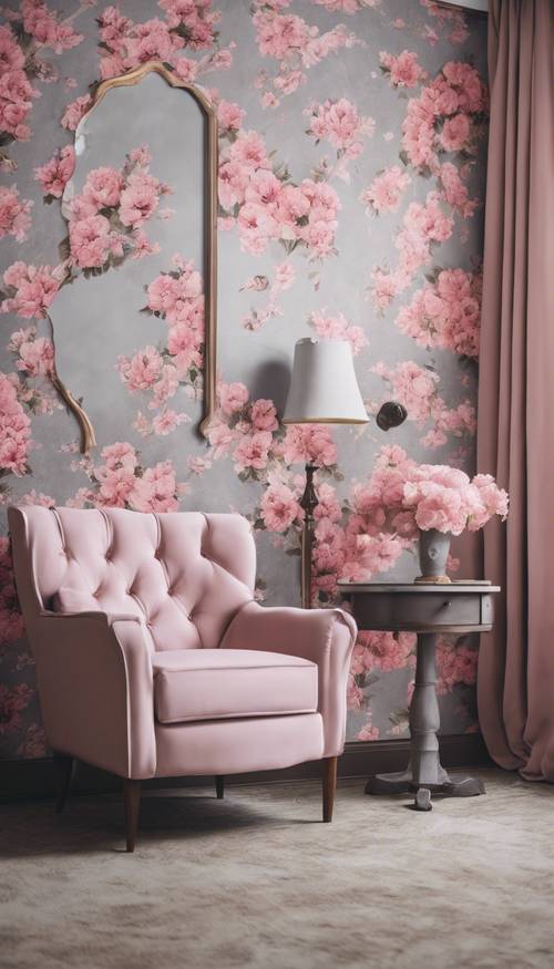 Pembe çiçekli duvar kağıdı ve gri vintage mobilyalarla donatılmış bir oda.