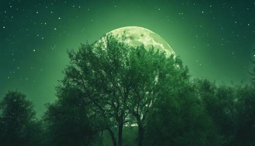 Une pleine lune mystique vert sauge illuminant le ciel nocturne.