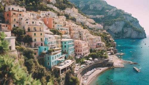 Pemandangan panorama Pantai Amalfi dengan perairan biru kehijauan dan rumah-rumah berwarna pastel yang menempel di tebing.