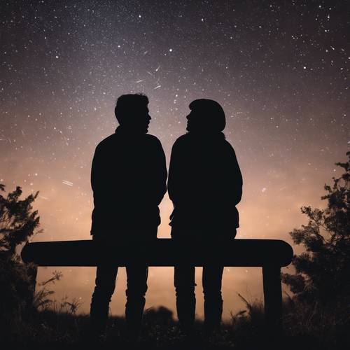 Два силуэта друзей под ночным небом делятся секретами, глядя на падающие звезды.