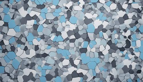 Winter themed camo pattern with a variation of white, light blue, and grey shapes.