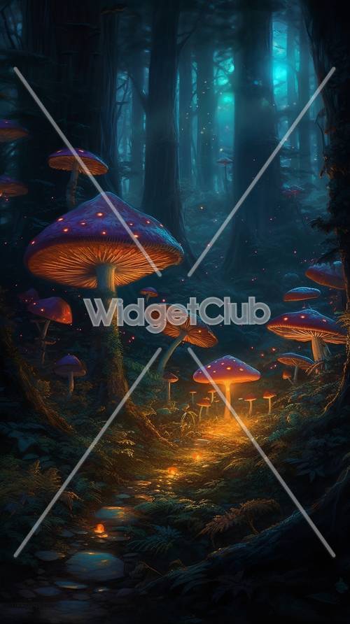 Foresta incantata con funghi luminosi