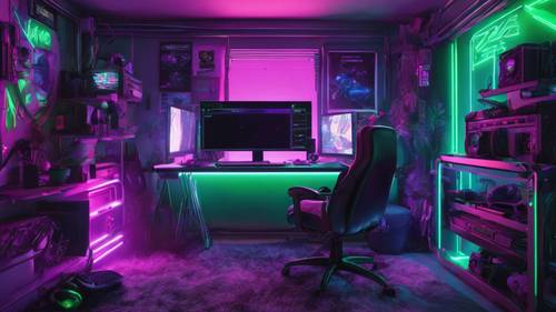 Un coin chambre de joueur éclairé en vert et violet avec un ordinateur, des écouteurs et une collection de jeux.