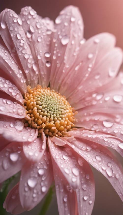 淡粉色雛菊的特寫，花瓣上閃爍著早晨的露珠。