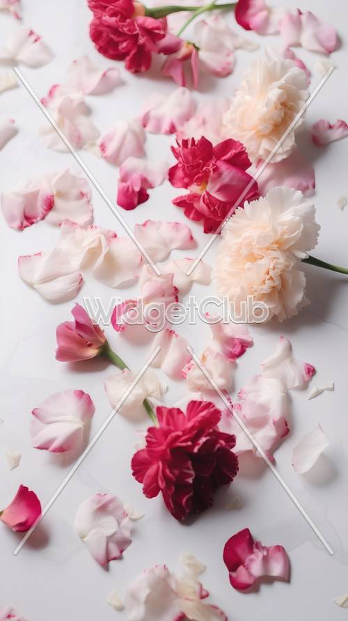 Pétalas de flores coloridas em uma superfície branca para uma aparência fresca