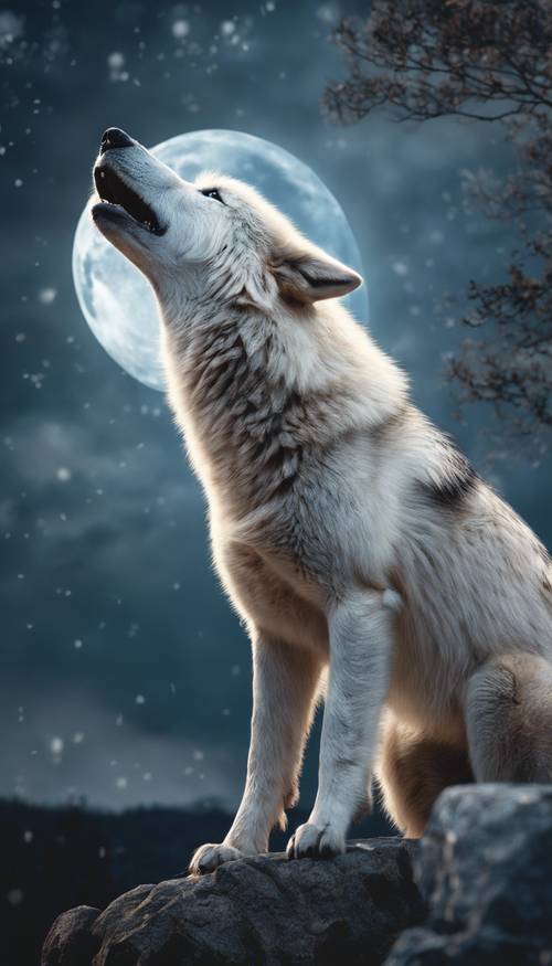 Ilustracja przedstawiająca białego wilka wyjącego podczas pełni księżyca.