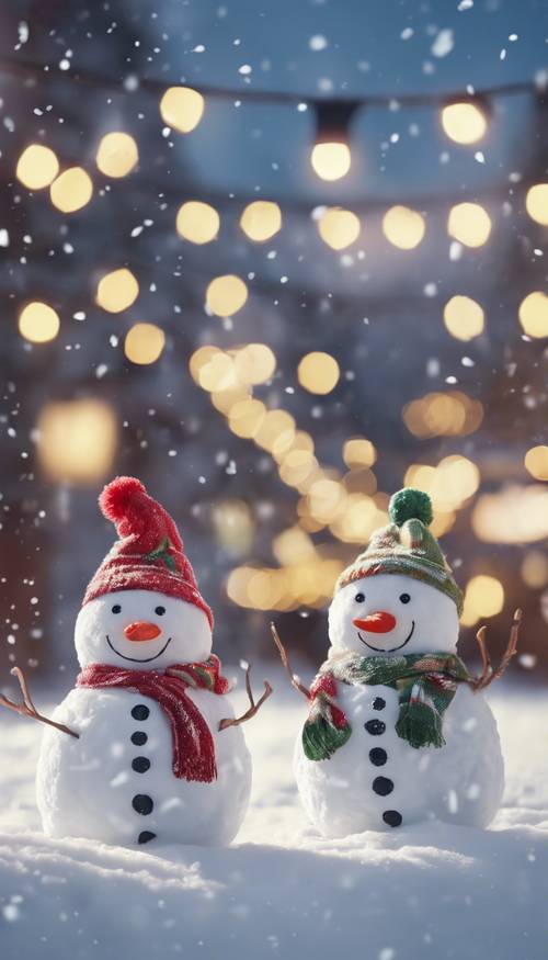 Tres divertidos muñecos de nieve con gorros de Papá Noel y bufandas de colores, cantando villancicos en la nieve.