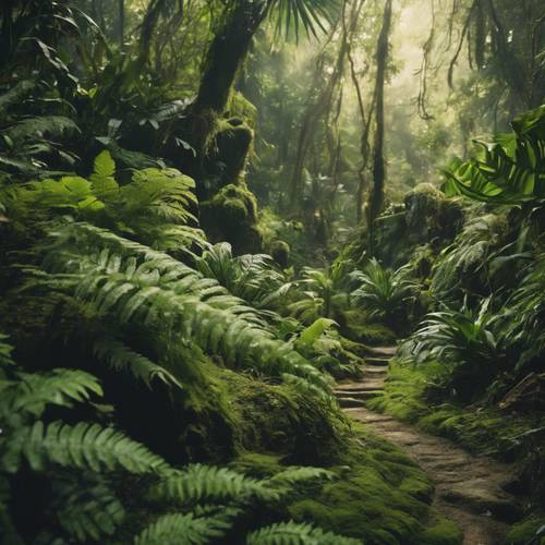 Tropikal bir ormanın kalbinde, eğrelti otları ve yosun kaplı kayalarla dolu yemyeşil bir ortam.