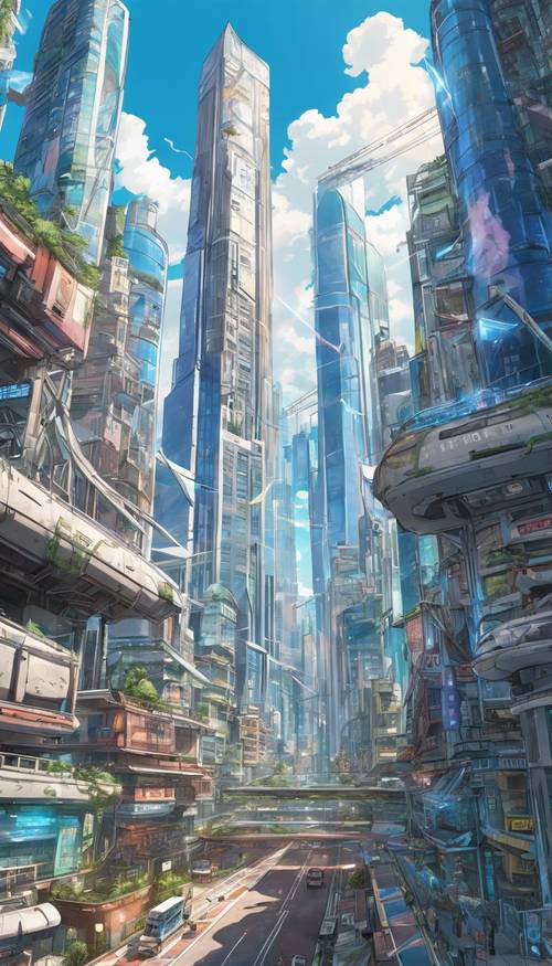 An anime city with futuristic skyscrapers and flying cars zooming past under a blue sky.