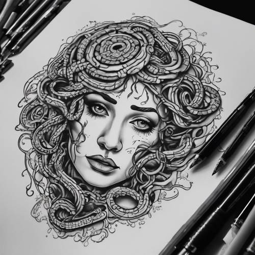 A tattoo design featuring Medusa in intricate black and white line work.