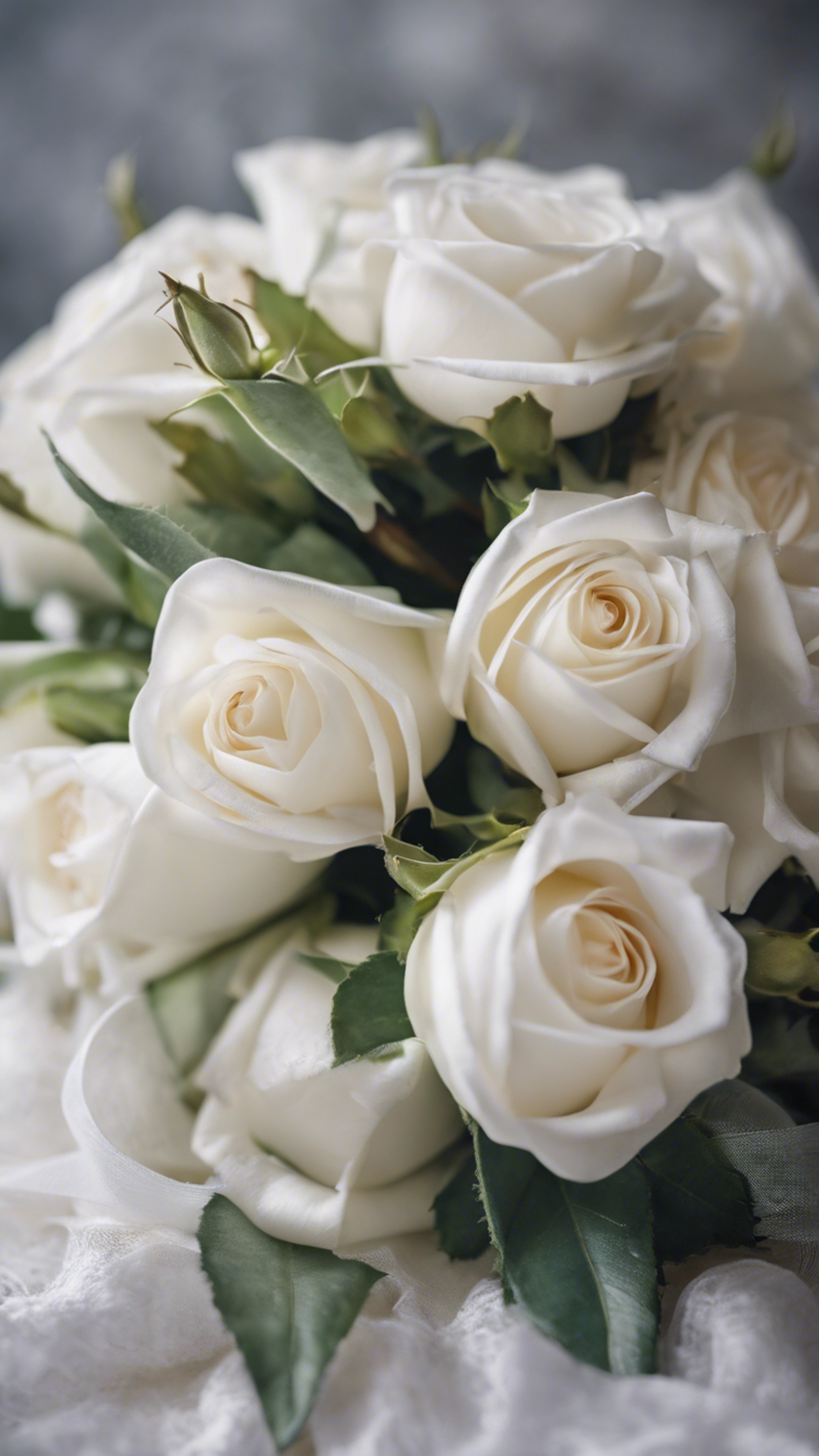 A bouquet of white roses wrapped in sheer white satin ribbon. Tapéta[5223d8c249ea42cfaf4b]