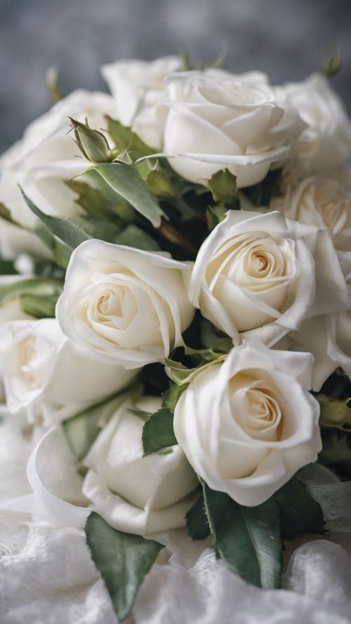 Ein Strauß weißer Rosen, umwickelt mit einem hauchdünnen weißen Satinband.