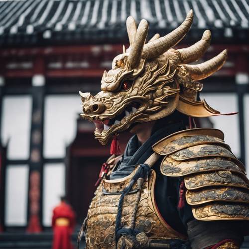 تنين ساموراي يرتدي درعًا مزخرفًا ويقف بفخر أمام قصر شوغون.