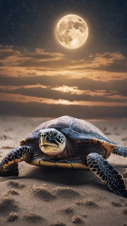 A sea turtle laying eggs in the sand on a moonlit night.