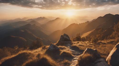 Uma enorme cadeia de montanhas com um nascer do sol cativante, os raios de sol iluminando uma frase motivacional.