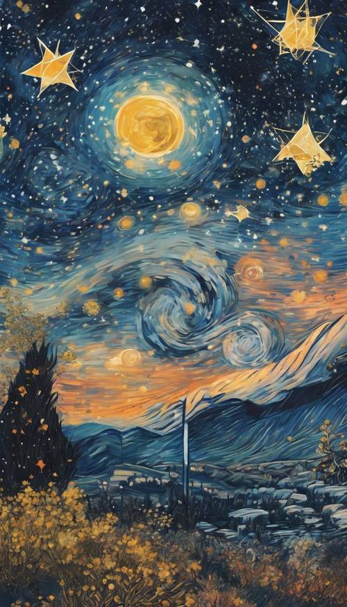 A starry night sky filled with constellation Aries shining prominently, painted in an aesthetically pleasing Van Gogh style.