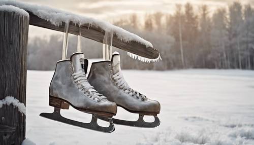 A pair of weathered ice skates hanging over an old wooden fence against a background of a frosted countryside.