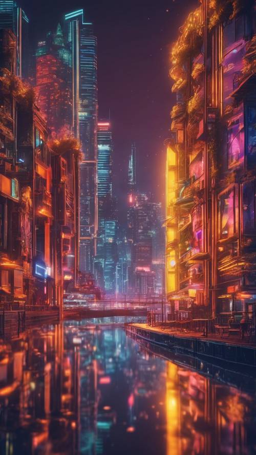 Una città al neon riflessa di notte nella tranquilla superficie di un fiume vicino.