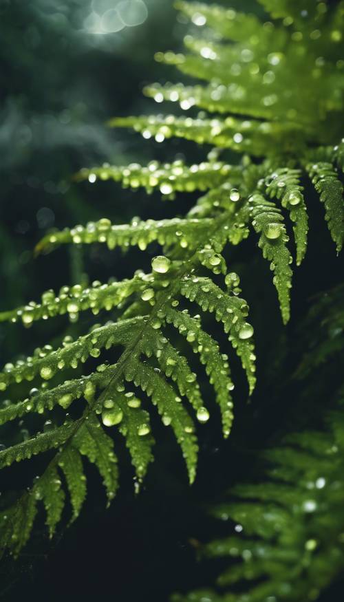 茂密森林中深绿色蕨类植物的叶子上聚集的新鲜露珠的特写。