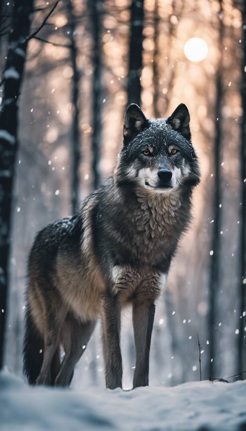Un maestoso lupo grigio scuro in piedi nel mezzo di una foresta innevata sotto la luna piena.