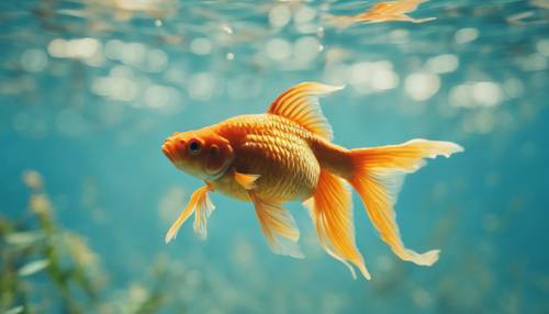 A goldfish swimming in a serene, blue pond.