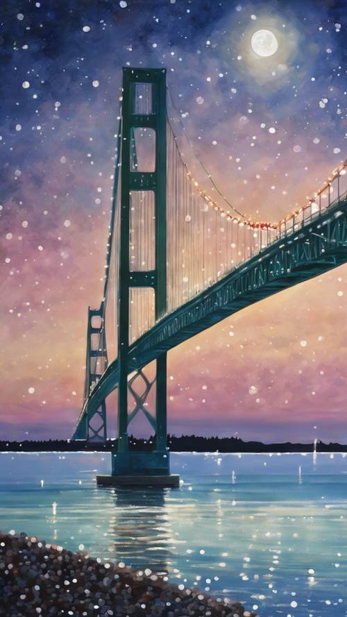 Lukisan gaya impresionis jembatan Mackinac bermandikan cahaya bulan.
