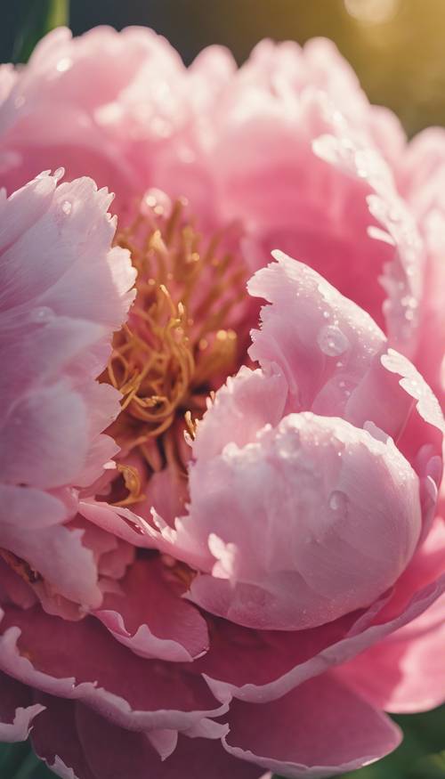 Un primo piano dettagliato di una peonia rosa baciata dalla rugiada sotto la luce del sole del mattino.