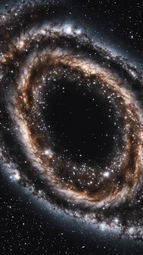 Eine detaillierte Nahaufnahme einer schwarzen Galaxie, einer wirbelnden Masse aus funkelnden Sternen und glitzernder dunkler Materie.