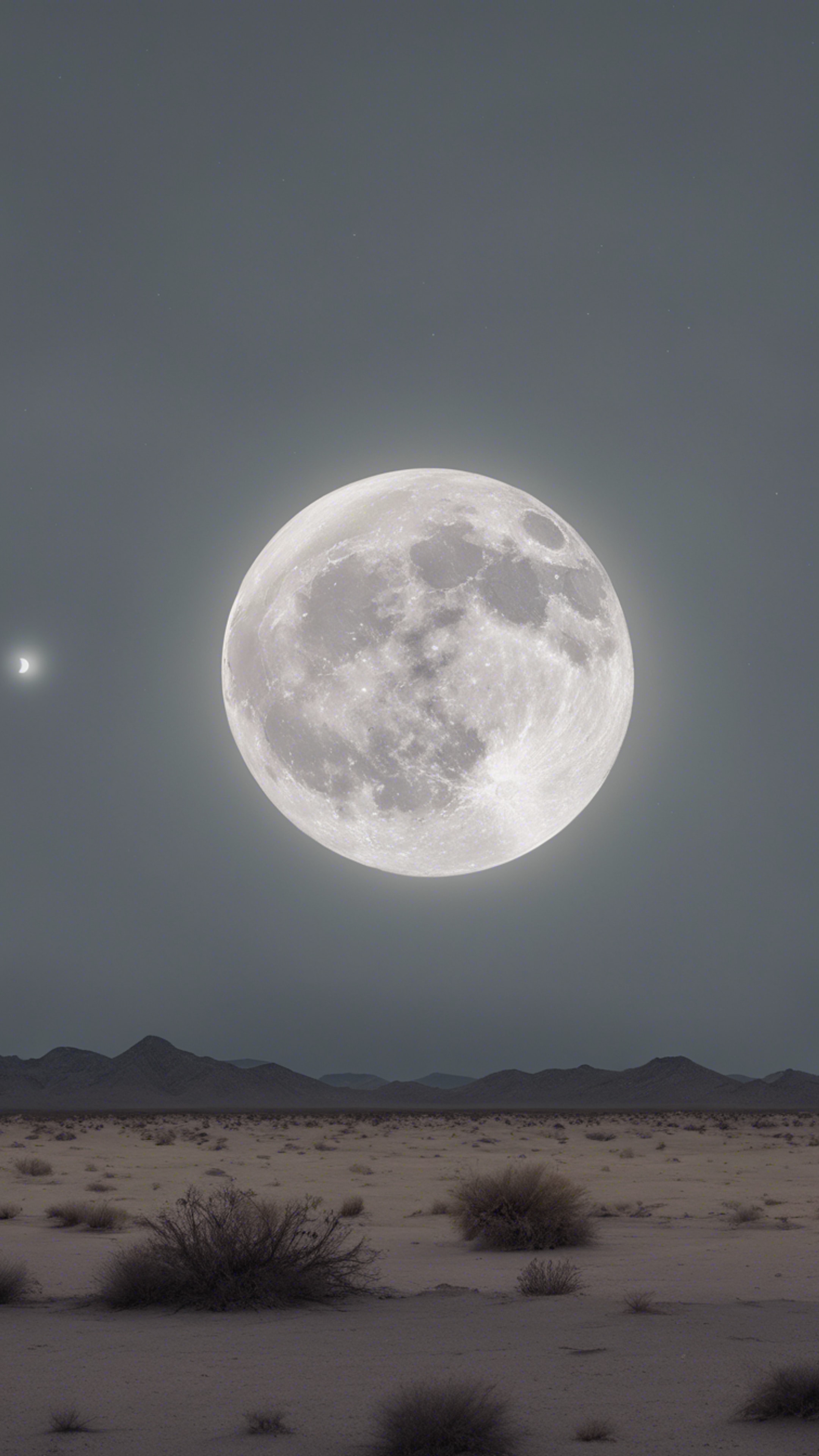 An eerie full moon casting a light gray hue over a desolate desert landscape. Tapeta[b219b4d700dc4cdd8b88]