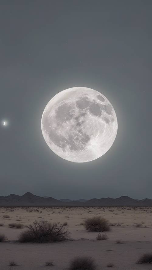 An eerie full moon casting a light gray hue over a desolate desert landscape.