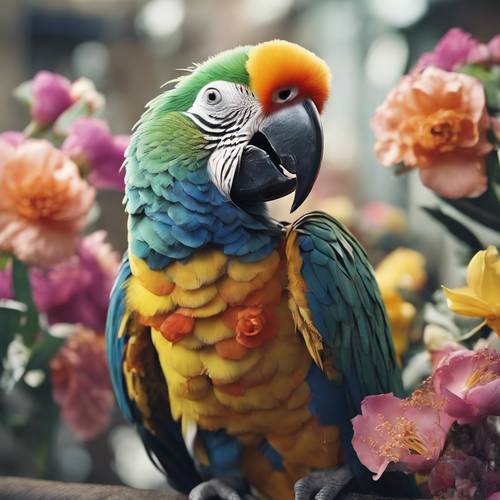 A regal parrot decorated with exotic flowers perched on a silver perch.