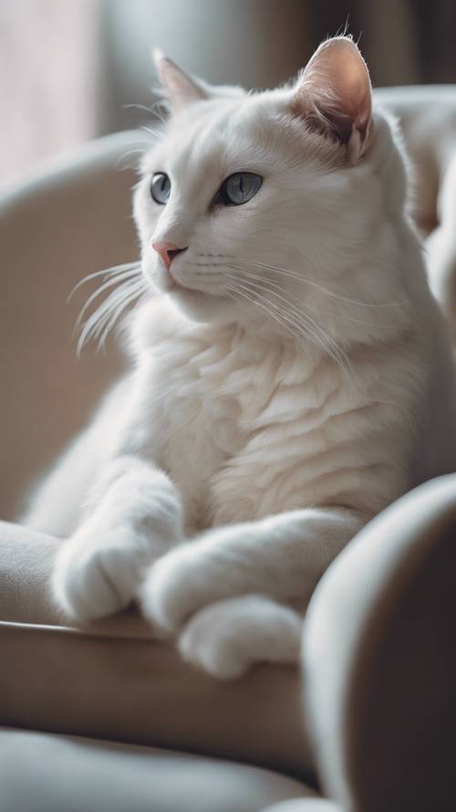Zarif kadife yastığının üzerinde dinlenen beyaz bir kedi kraliçesi.