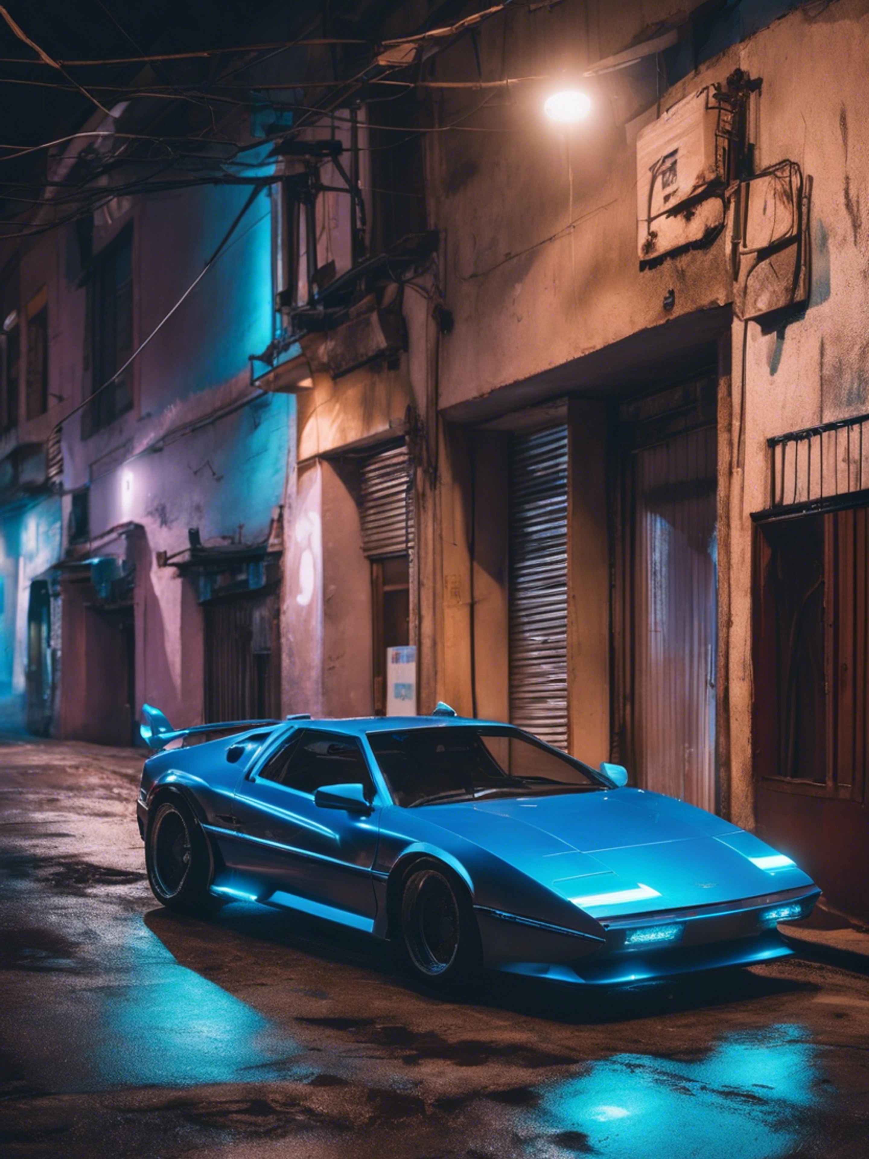 A cyberpunk themed sports car glowing with neon blue underlights parked in a dim alley. Tapet[b442527eec5a4d00a6f1]