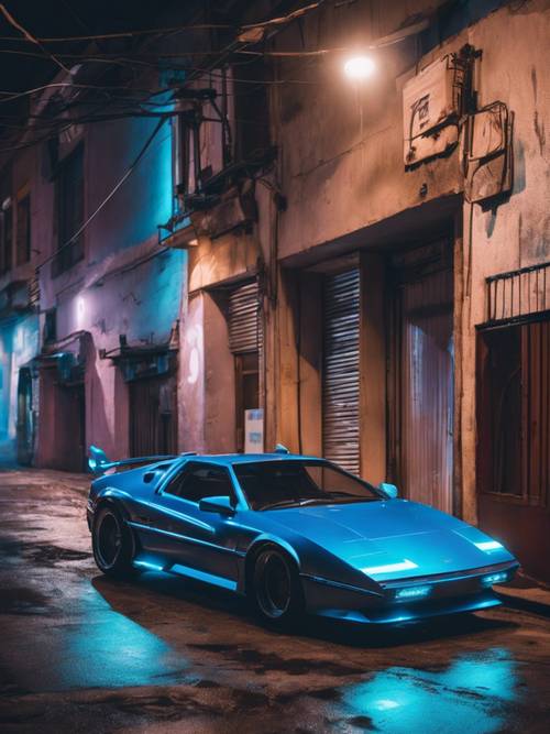 Un auto deportivo con temática ciberpunk que brilla con luces de neón azules estacionado en un callejón oscuro.
