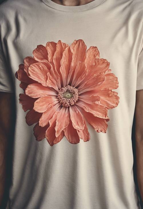 Una stampa eccentrica di un fiore di corallo su una t-shirt vintage.