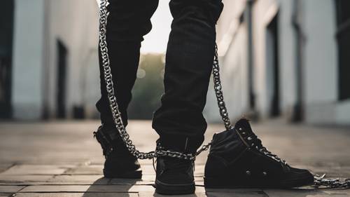 A close-up of skinny black jeans with a chain hanging off, symbolic of emo fashion.