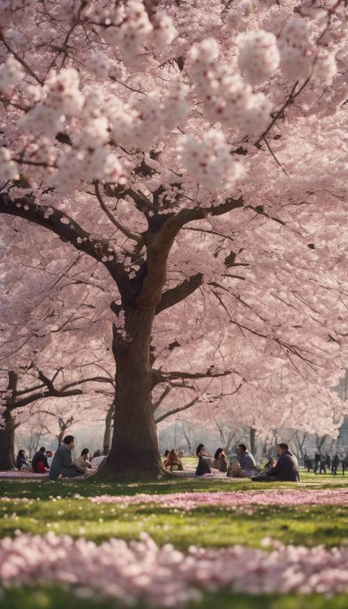 Um parque durante a primavera com pessoas fazendo um piquenique sob as cerejeiras em flor.