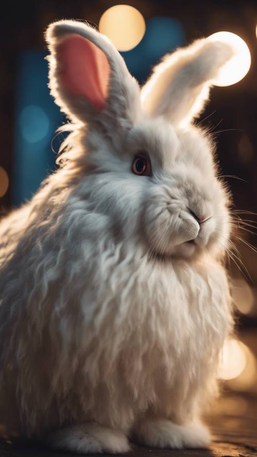 A large, fluffy angora rabbit, its fur shimmering under the soft glow of the moonlight.