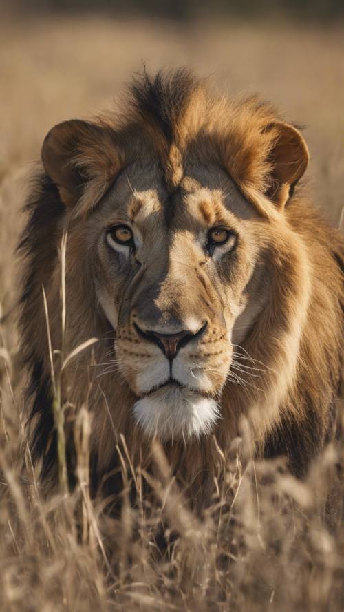 Um leão rondando furtivamente pela grama alta do Serengeti, em busca de sua presa.