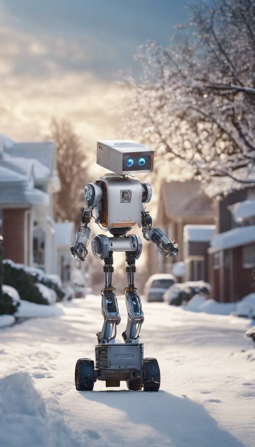 Un robot su ruote che consegna pacchi in un quartiere suburbano coperto di neve.
