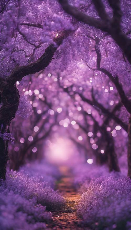 Une forêt enchantée lilas avec des arbres ornés de guirlandes lumineuses scintillantes.