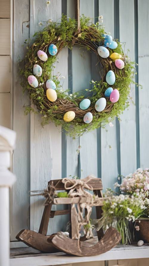 Corona decorativa de Pascua de estilo campestre colgada en un porche delantero, invitando a los espíritus primaverales.