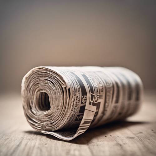 A rolled-up newspaper with an elastic band around it, ready for delivery. Tapet [4b594377c1ee4684bae8]