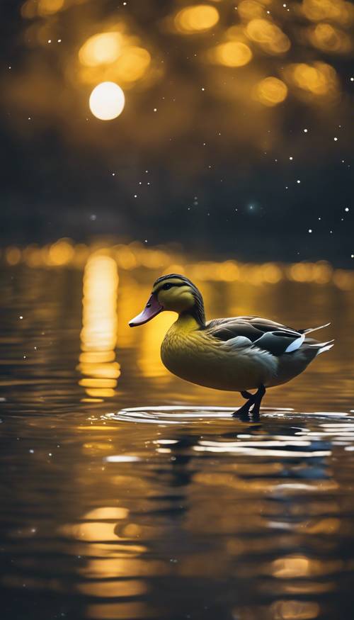 一只黄色的鸭子在月光下的池塘里轻松地滑行，场景十分迷人。